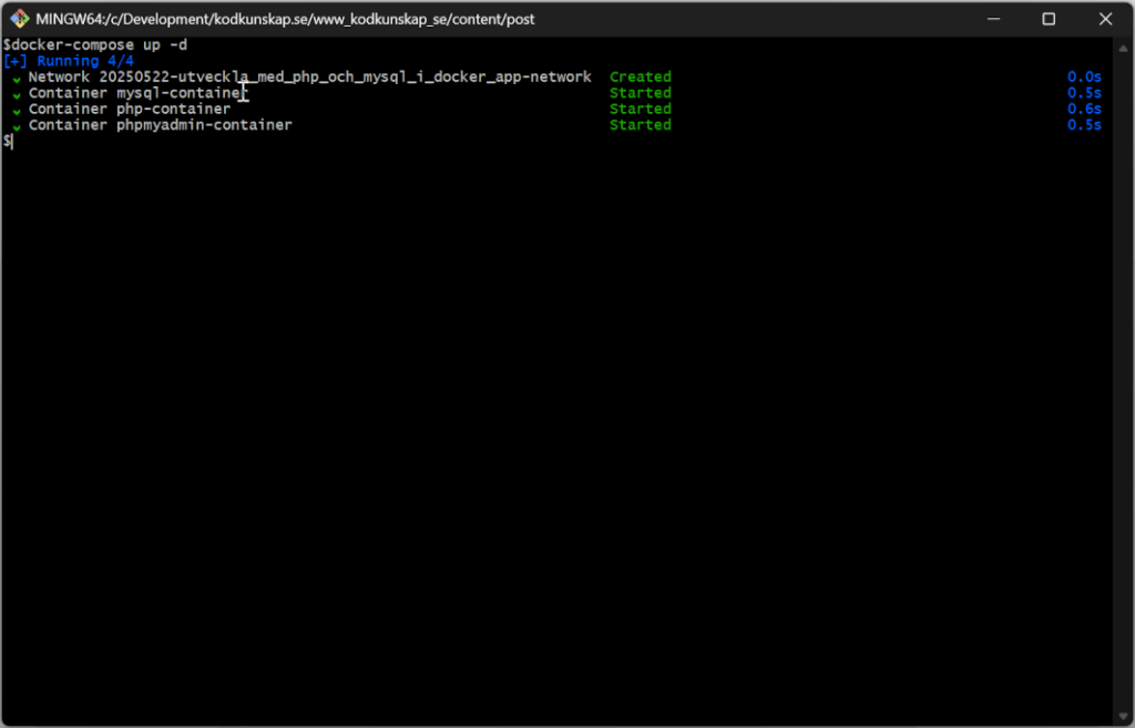 Terminal som kör docker-compose up -d