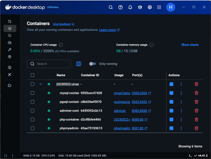 En skärmavbildning av programmet docker desktop